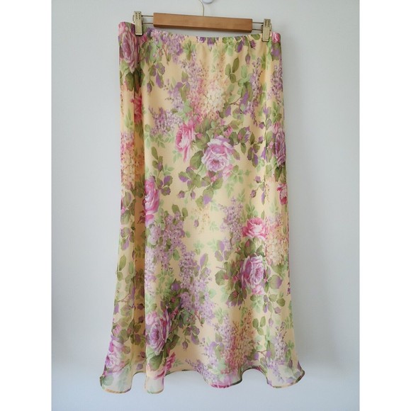 Shazdeh Womens Flowy Midi Skirt Yellow Floral Feminine Lined Elastic Waist 16P - Picture 3 of 8